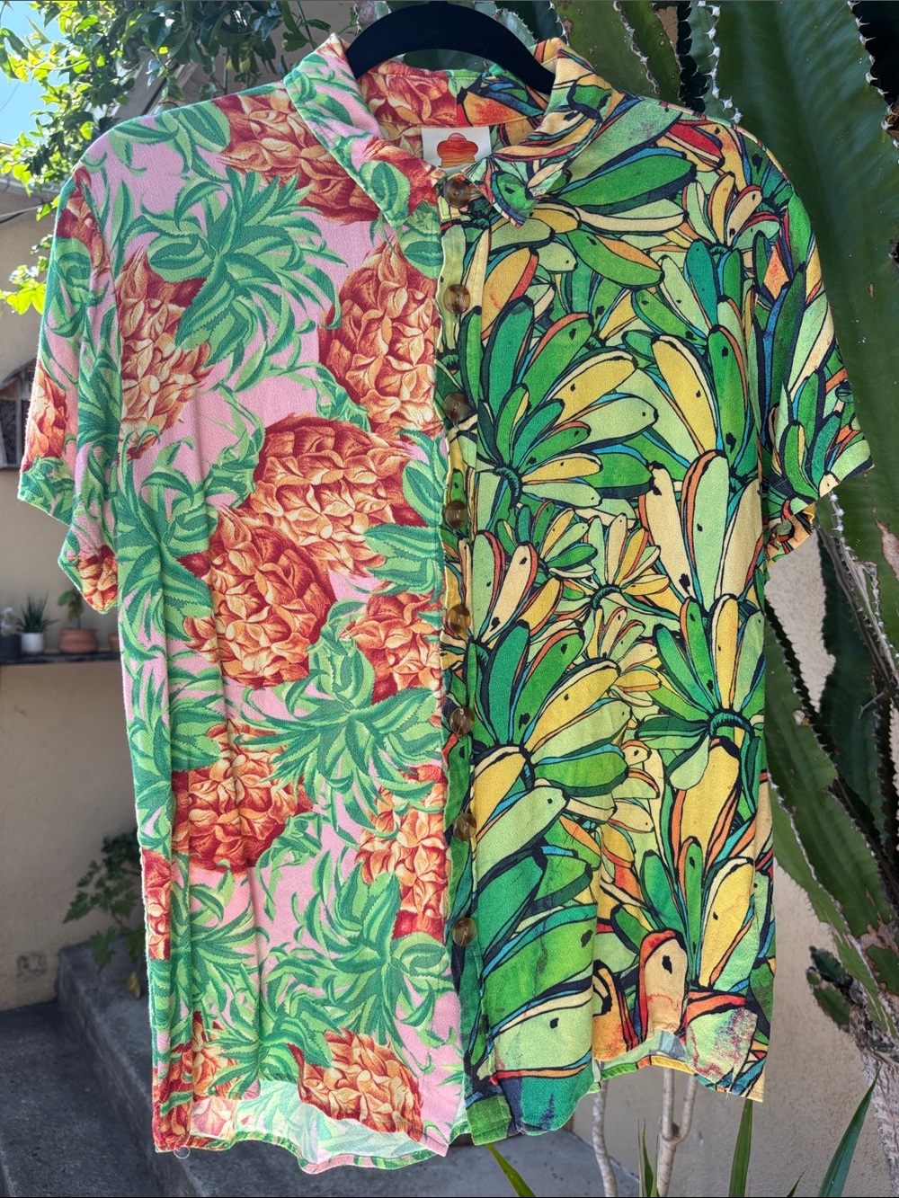 FARM Rio Tropical Pineapple & Banana Split-Panel Shirt - Green/Pink